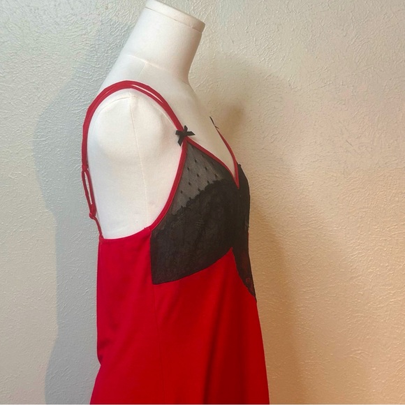 LINEA DONATELLA Red Knit & Black Sheer Mesh Lace Bust Chemise Nighty Nightgown M - Picture 4 of 7